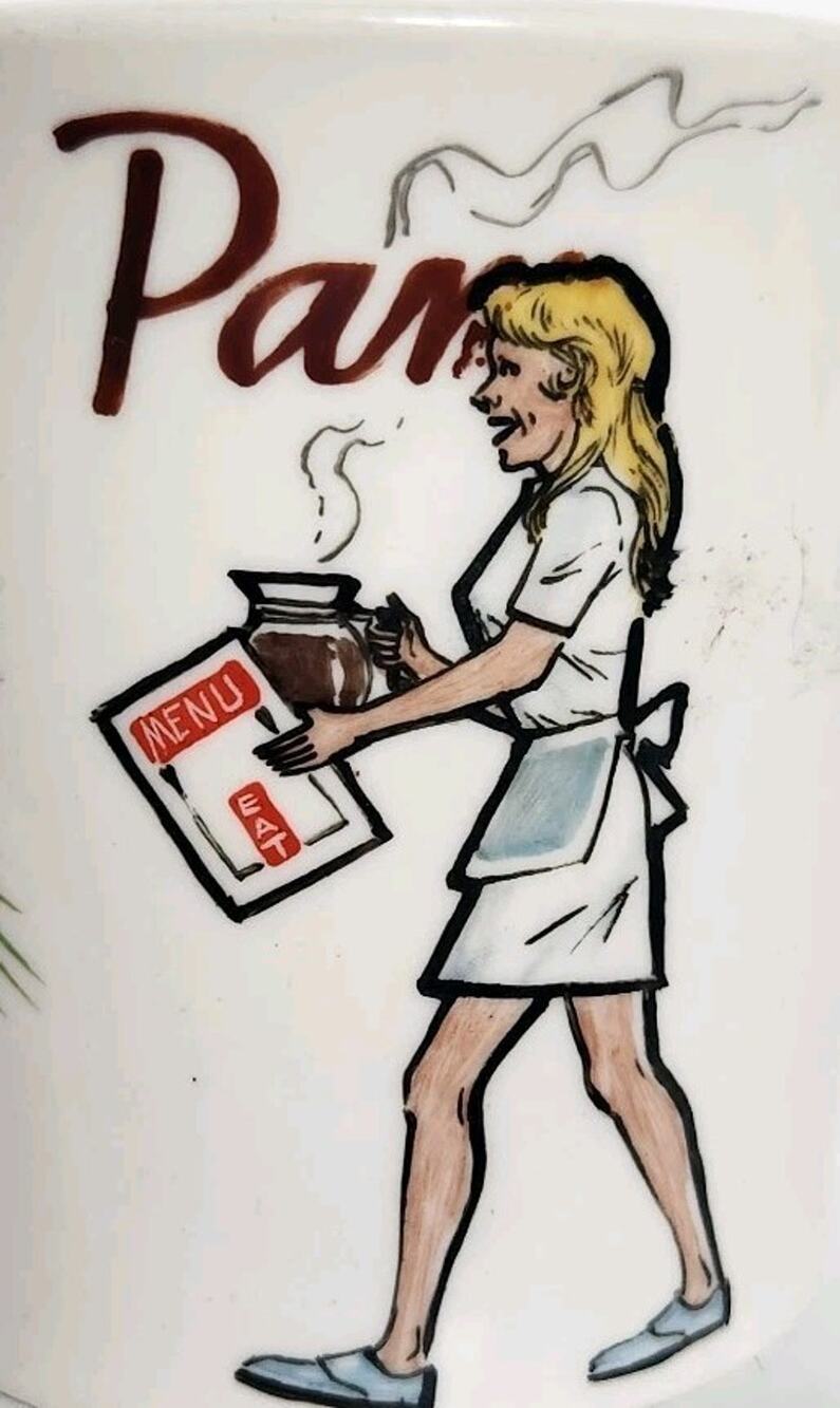 Vintage MCM Collectible Bob Williams Diner Waitress Coffee Menu Mug ~ Pam Homer